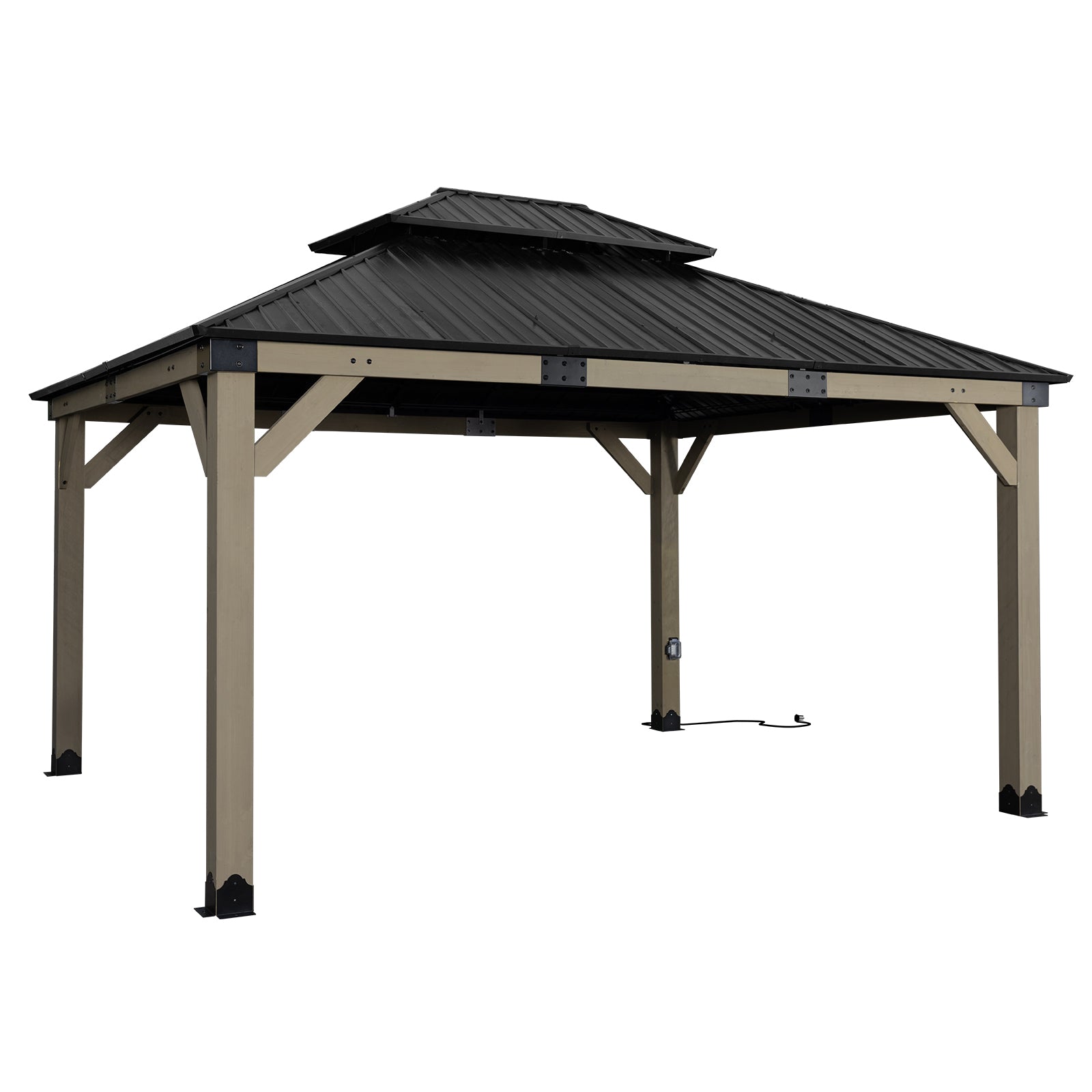 12'x14' Upgrade Cedar Wooden Frame Gazebo with 2-Tier Galvanized Steel Roof and Outlets - Aoodor